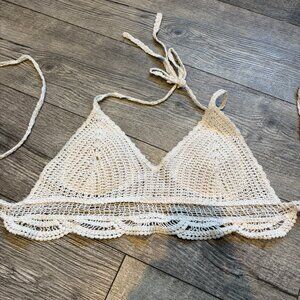 Knitted Crop Top Bra Tank Top Size 8 Womens Tan White Padded